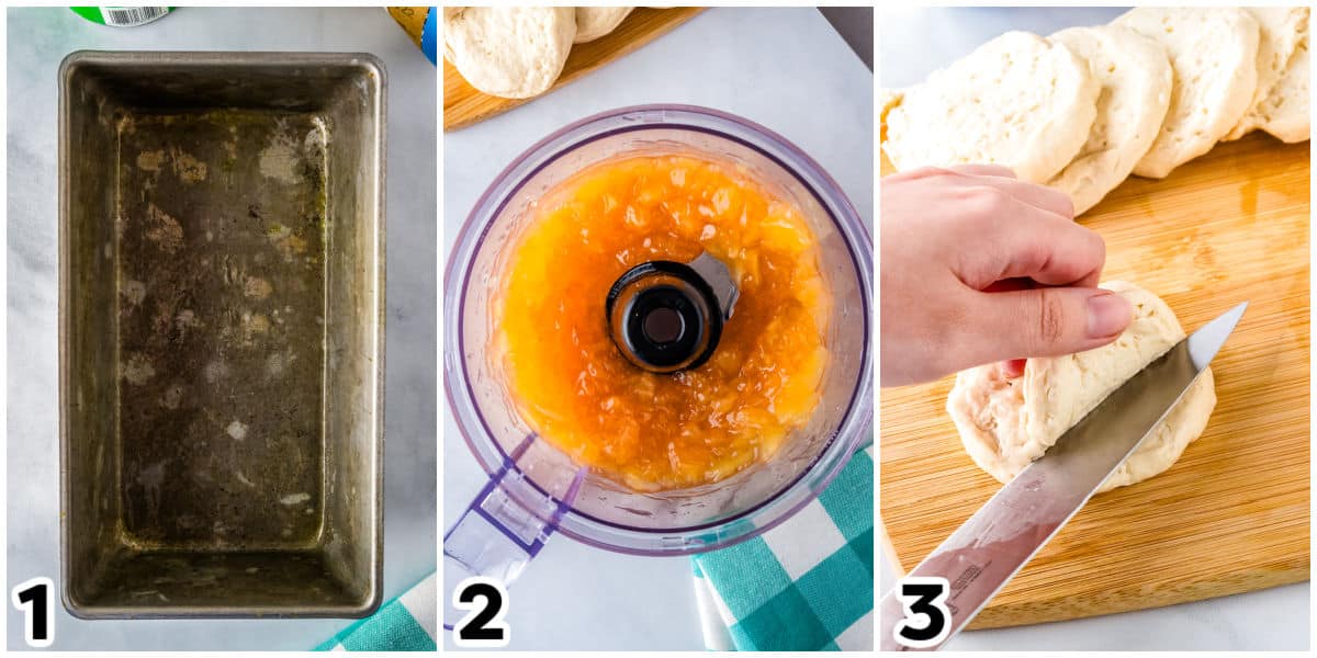 The apple pie filling processed in a food processor and the biscuits cut in half.