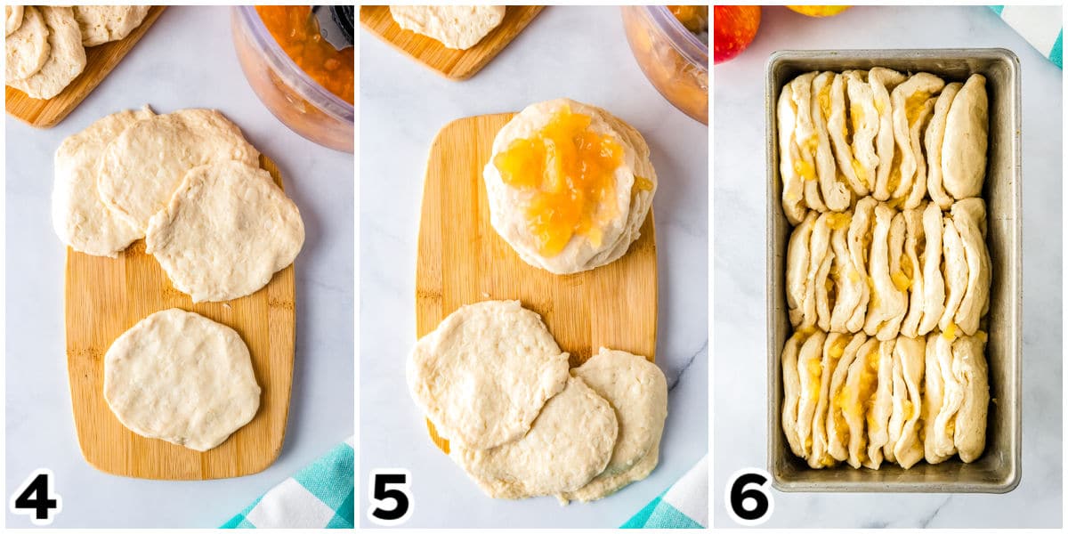 The cut biscuits flattened, topped with apple pie filling, and put into a loaf pan.