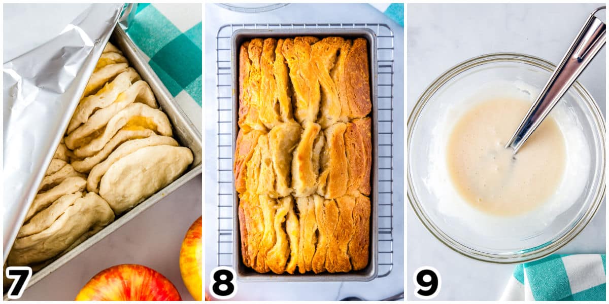 The bread before and after baking and the icing mixed together in a bowl.