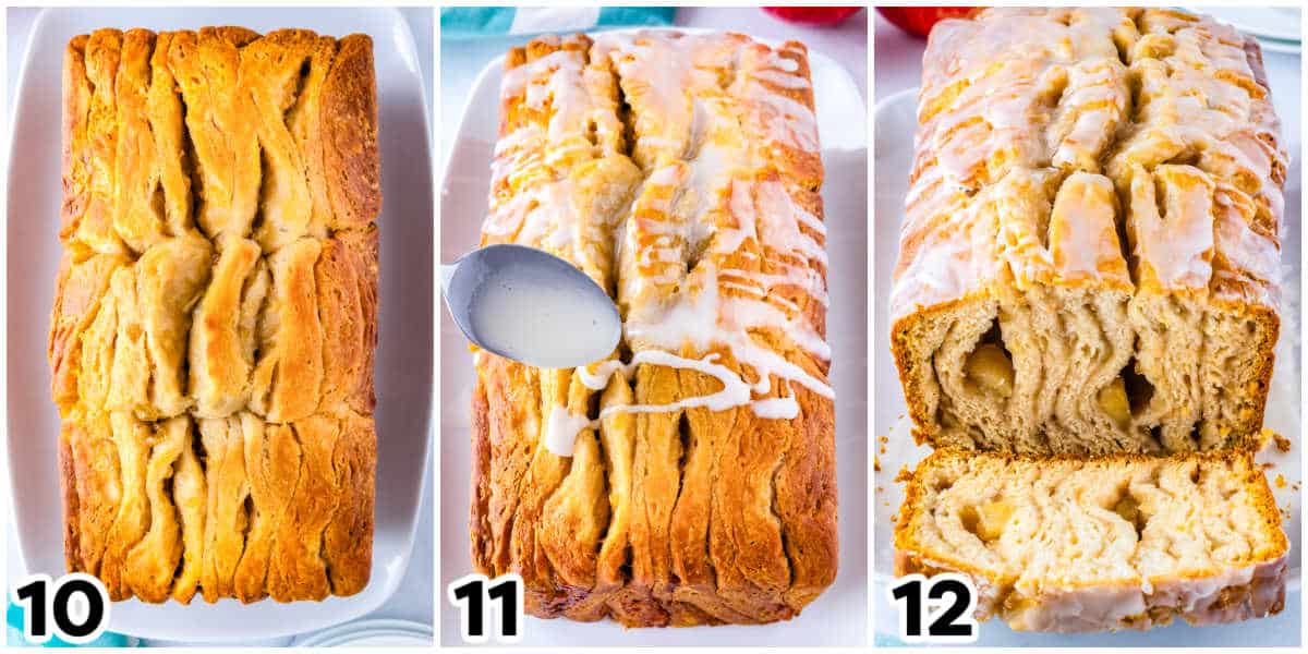 The baked bread on a plate and drizzled with icing.