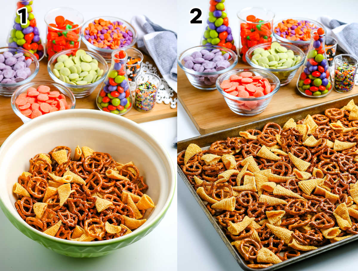 The pretzels and Bugles mixed together and spread on a rimmed baking sheet.