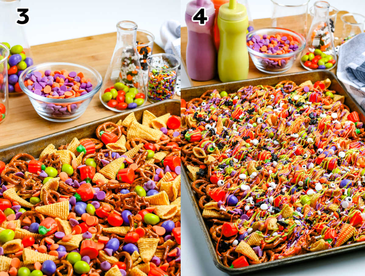 The candy, Halloween chips, and sprinkles added to the pretzel mix.