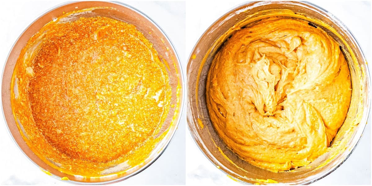 a collage with a bowl of mixing the eggs into the sugars and another bowl mixing in the dry ingredients