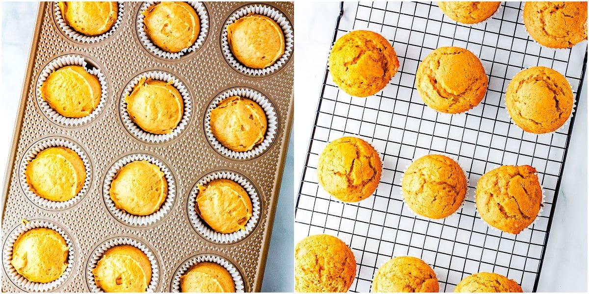 a collage showing filling the muffin tins with the cupcake batter and the baked cupcakes on a wire rack to cool