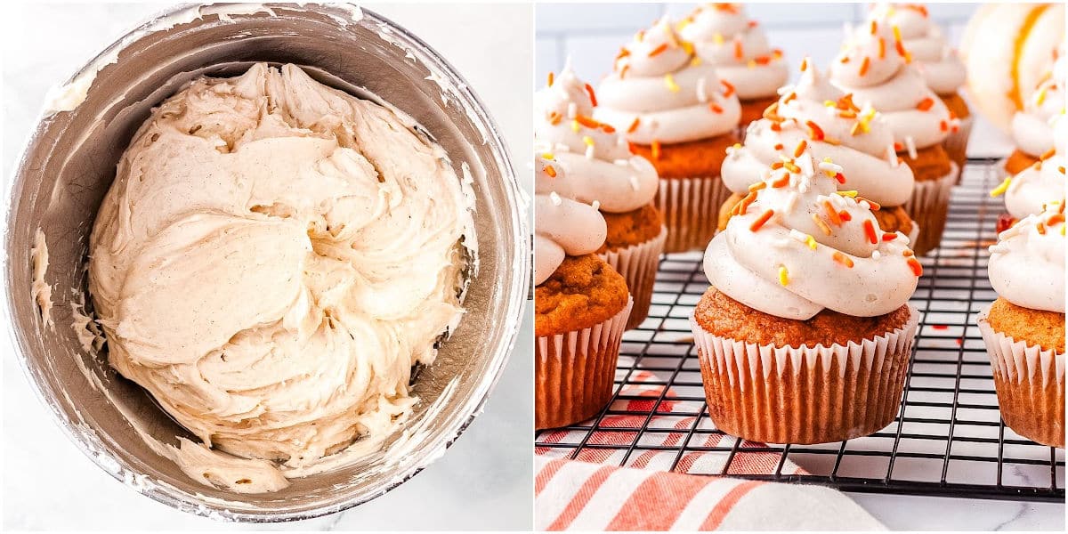 a collage showing a bowl with the cream cheese frosting and another picture with frosted and decorated cupcakes