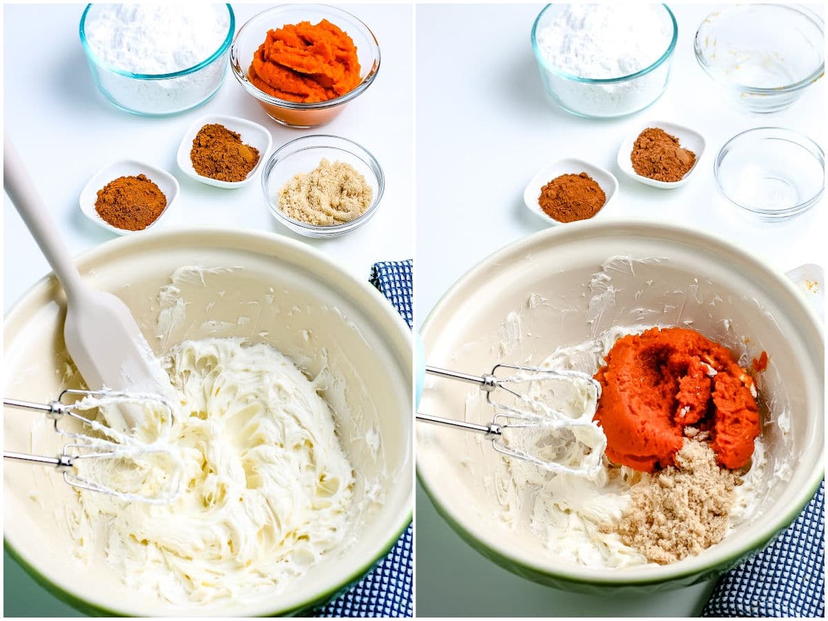 a collage showing beating the cream cheese and mixing in the remaining ingredients to make pumpkin dip