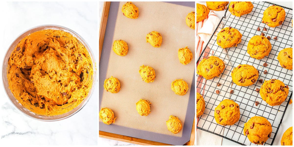 a collage showing how to make pumpkin chocolate chip cookies. with a bowl of the wet dough, the dough scooped onto the baking sheet, and the baked cookies.
