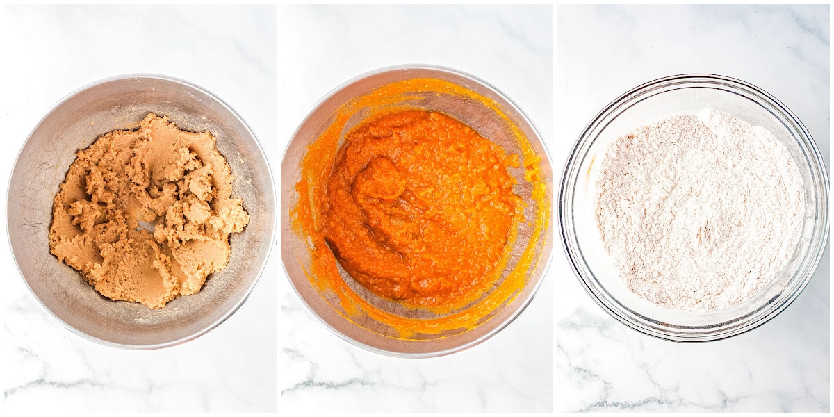 a collage of making cookies with three bowls of wet and dry ingredients