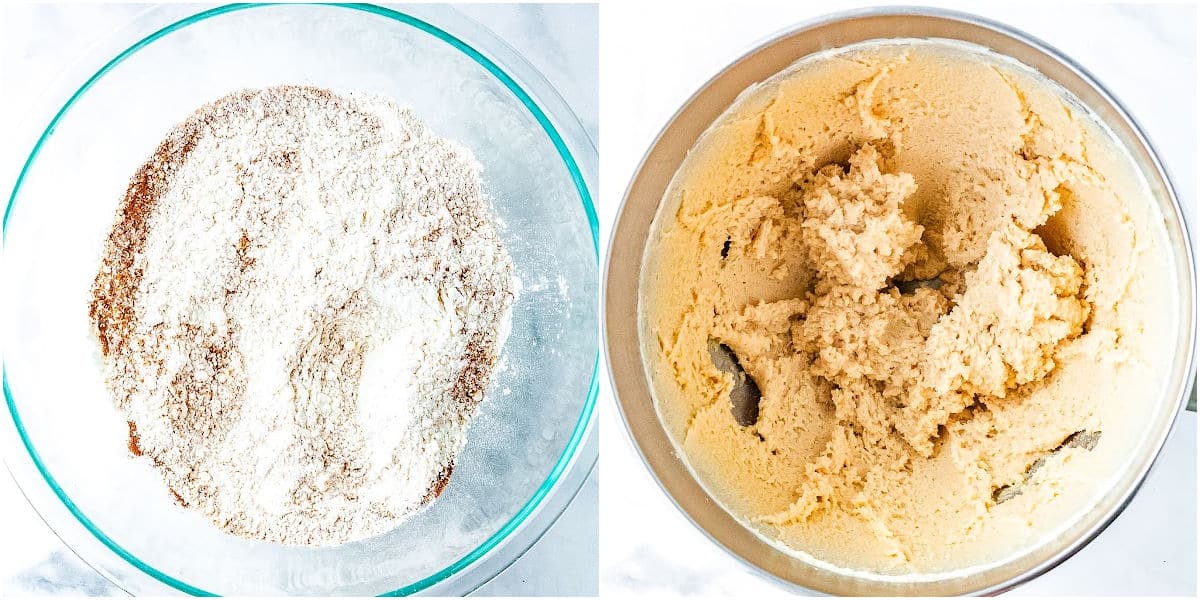 a collage showing mixing the dry ingredients together in one bowl and the sugars together in another bowl