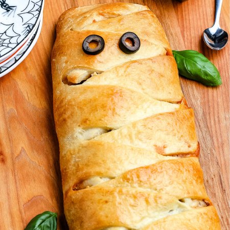 A close up of the mummy calzone.
