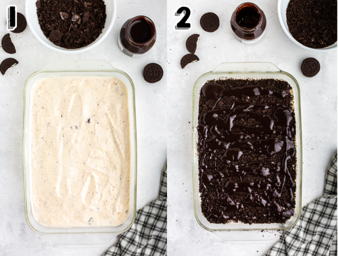 The first layer of ice cream and Oreo cookie crumbs spread into the pan.