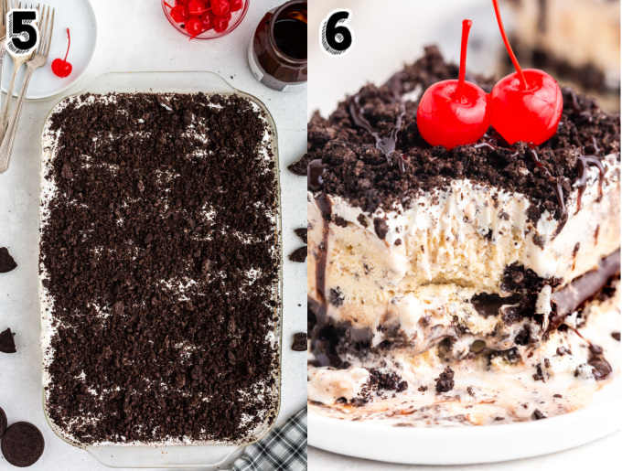 The last layer of cookie crumbs spread over the ice cream cake.