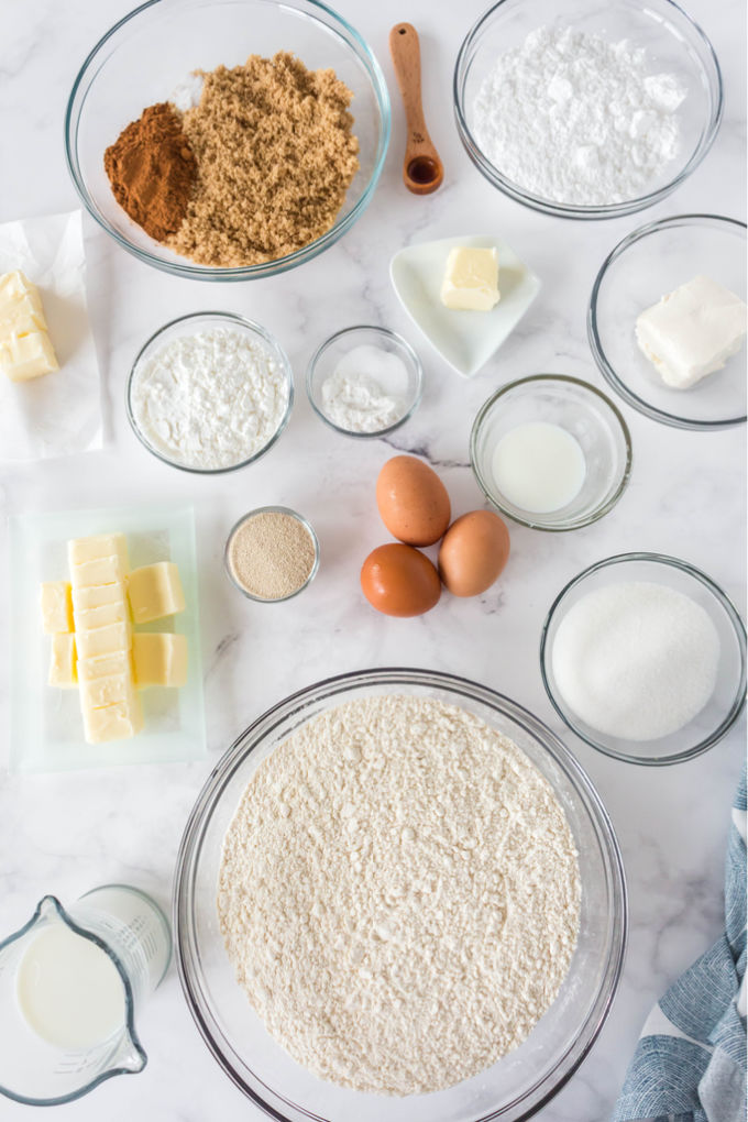 All of the ingredients needed to make Overnight Cinnamon Rolls.
