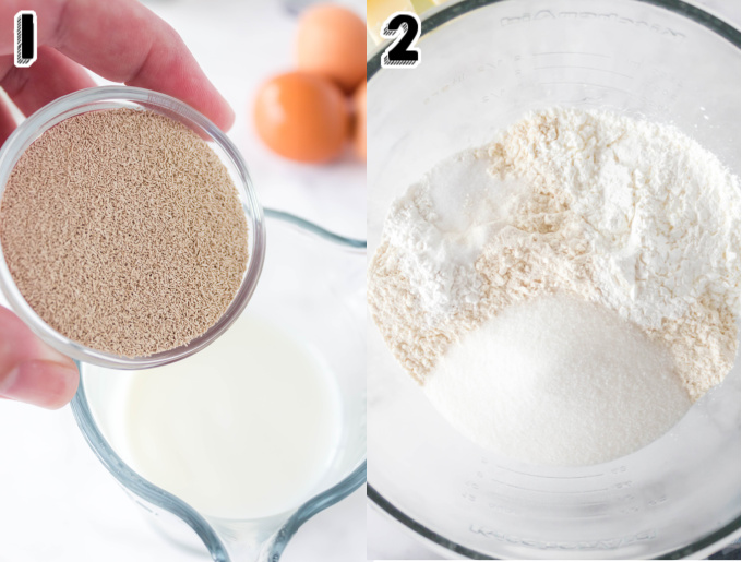 Yeast being poured into warm milk.