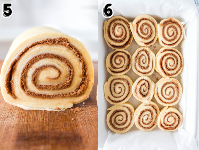 The cinnamon rolls inside a pan before the go into the refrigerator overnight.