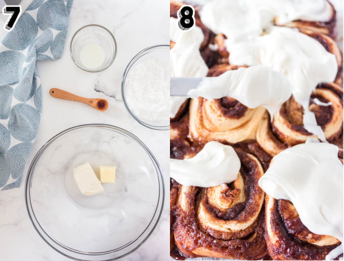 Cream cheese icing being spread over the baked cinnamon rolls.