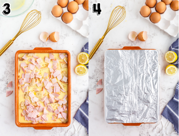 The assembled casserole covered in foil.