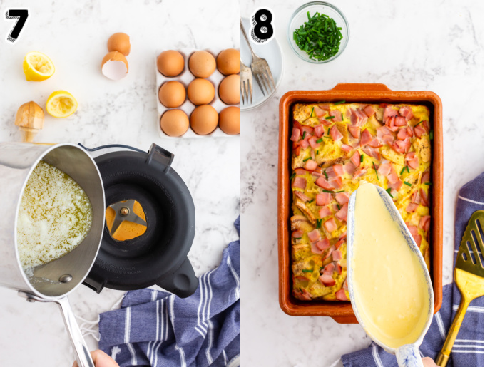 Hollandaise sauce bring poured over the casserole.