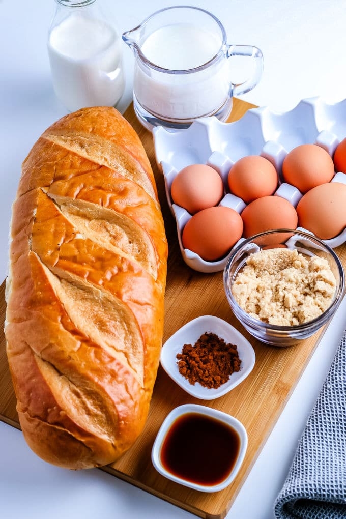 All of the ingredients needed to make the Overnight French Toast Bake.