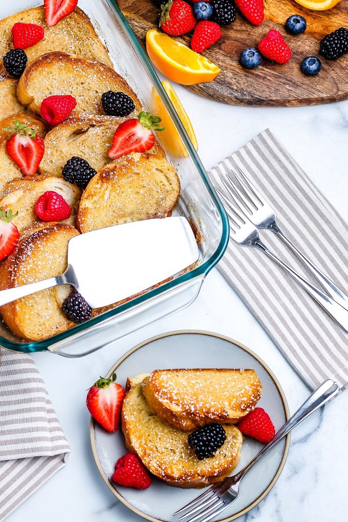 An overhead picture of Overnight French Toast in the casserole dish. 