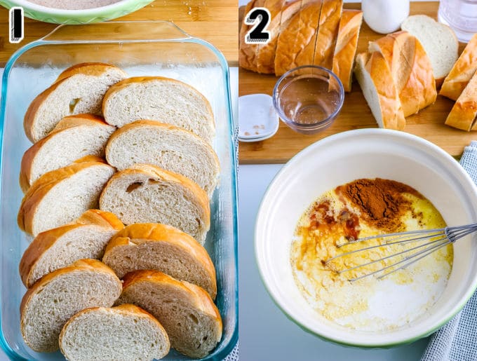 The pieces of French bread layered in a baking dish. 