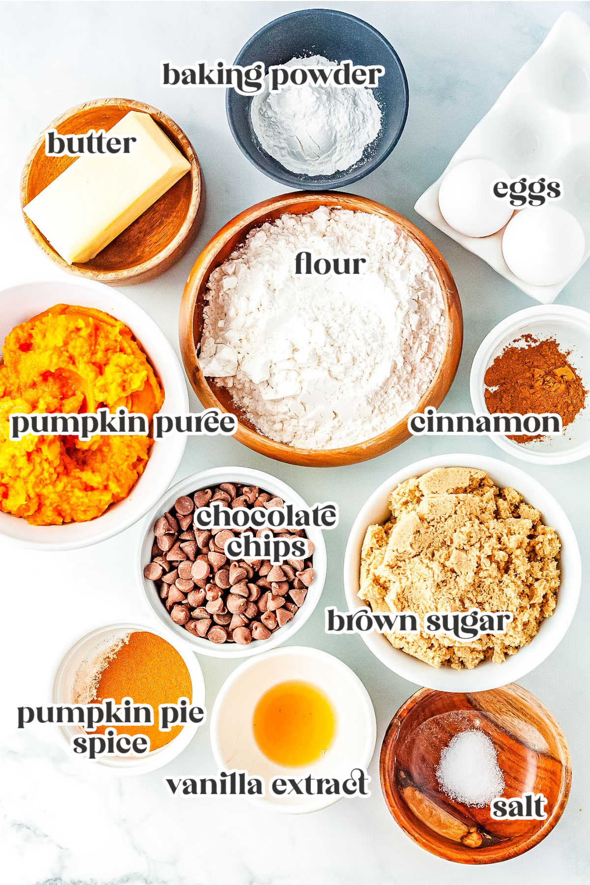 Ingredients for Pumpkin Chocolate Chip cookies with text overlay