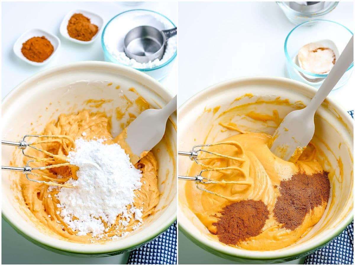 a collage showing mixing in the powdered sugar