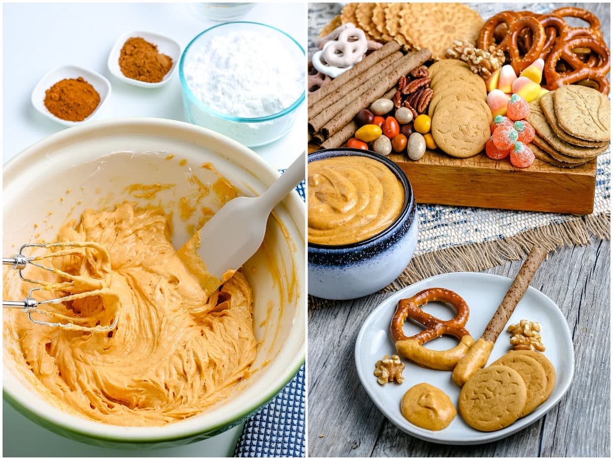 a collage showing beating the dip and serving the dip with various dippers