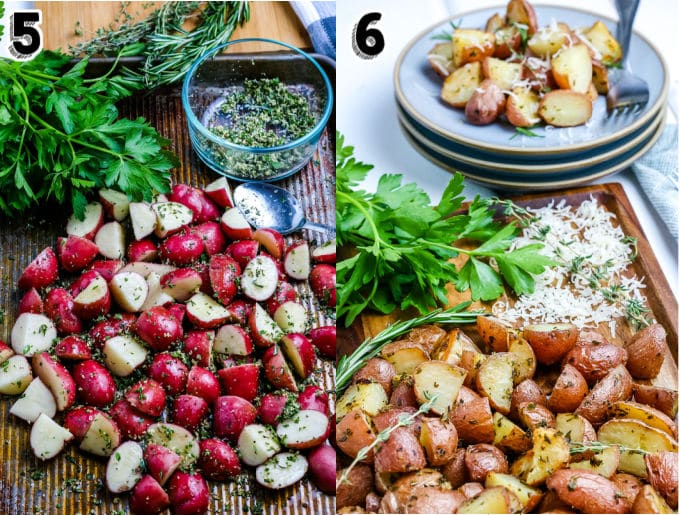 The potatoes coated in olive oil and herbs.