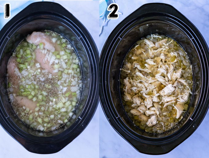 The cooked chicken in the crockpot after it's been shredded.