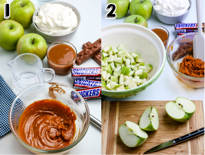 Chopped Granny Smith apples added to a mixing bowl.