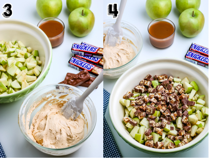 The butterscotch cream mixture added to chopped apples and Snickers.