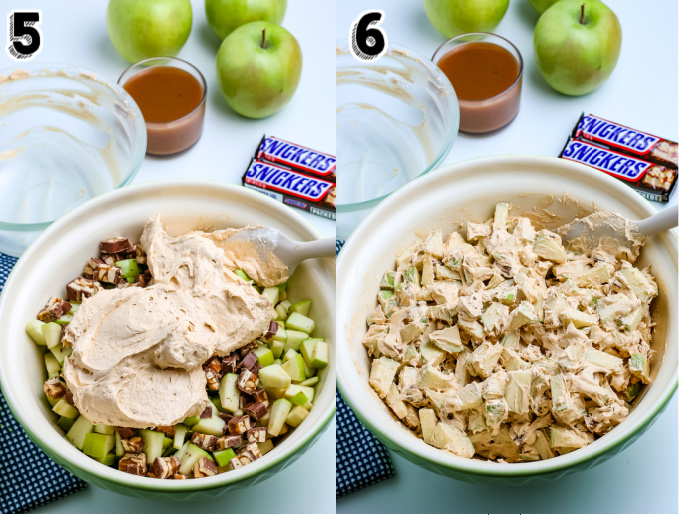 The Snickers salad after it's been mixed together in a large mixing bowl.