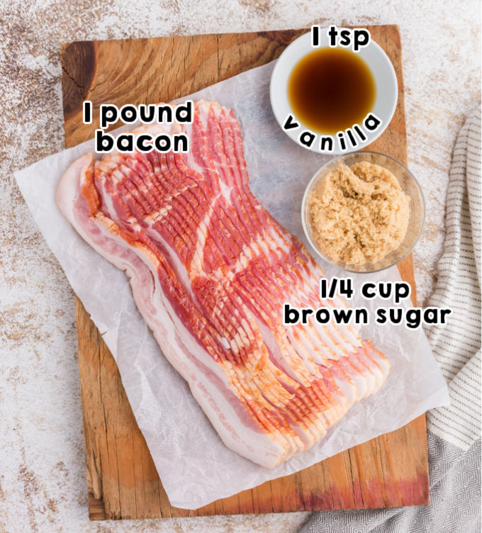 An overhead picture of all the ingredients needed to make this vanilla candied bacon recipe.
