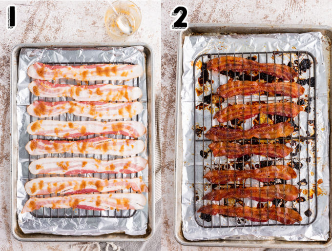 The bacon on the baking rack before it's put in the oven.