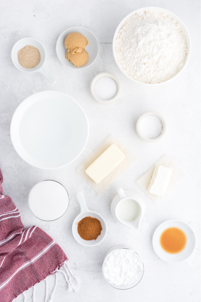 An overhead picture of all the ingredients needed to make these copycat cinnamon sugar pretzel bites.