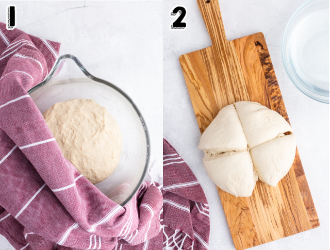 The dough rising in a glass bowl.