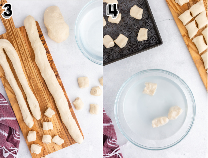 The pieces of dough being coated in a water bath.