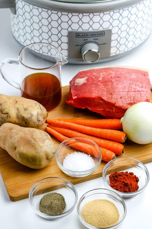 All of the ingredients needed to make Slow Cooker Pot Roast.
