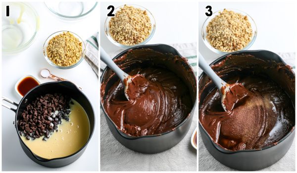 The melted chocolate in a saucepan.