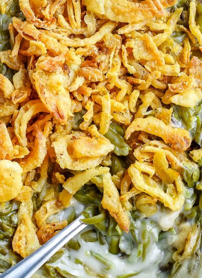 A close up overhead picture of the finished green bean casserole.