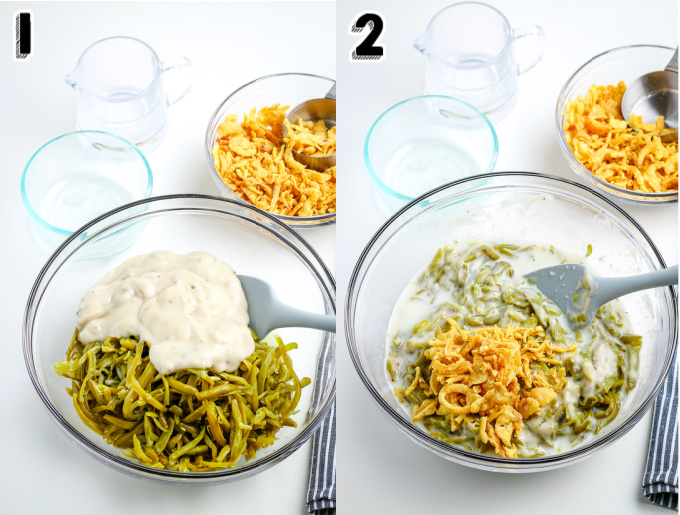 The green beans, cream of mushroom soup, and milk in a bowl before they are mixed together.