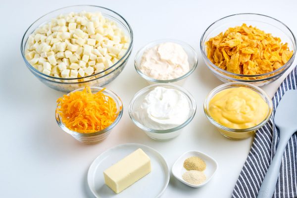 All of the ingredients needed to make this hash brown casserole recipe.
