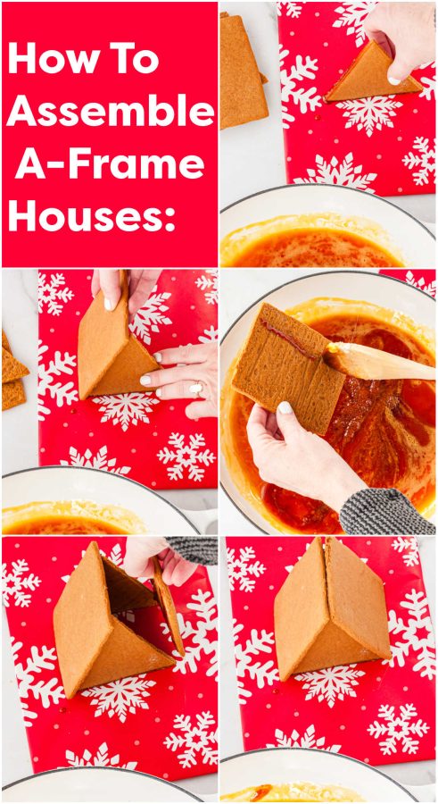 A picture collage showing how to assemble gingerbread houses.