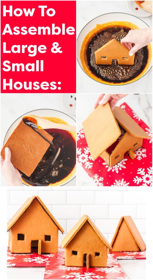 A picture collage showing how to assemble A Frame Gingerbread Houses.