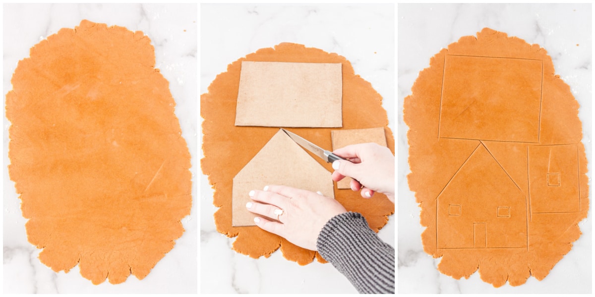 A picture collage showing how to cut the gingerbread house pieces.