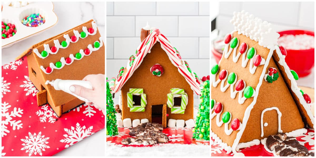 A picture collage showing how to decorate gingerbread houses.