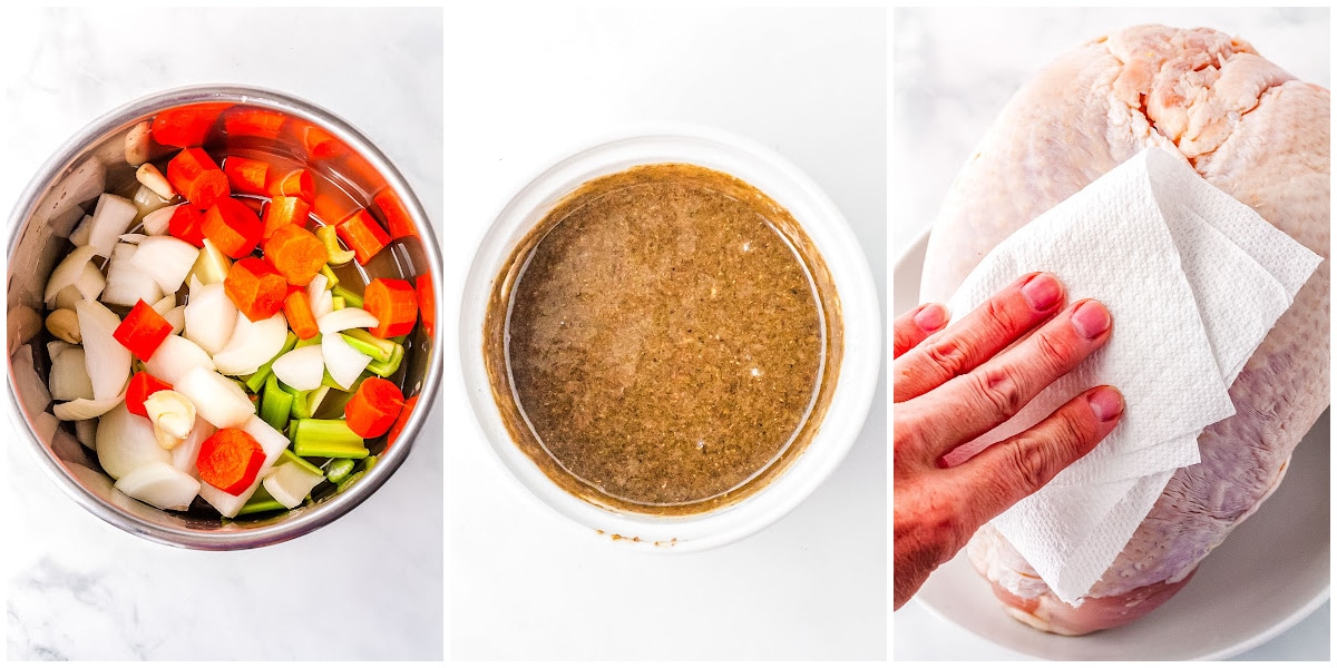 a collage showing how to make turkey breast, by putting the veggies in the pot, mixing the herb butter mixture, and drying the turkey breast