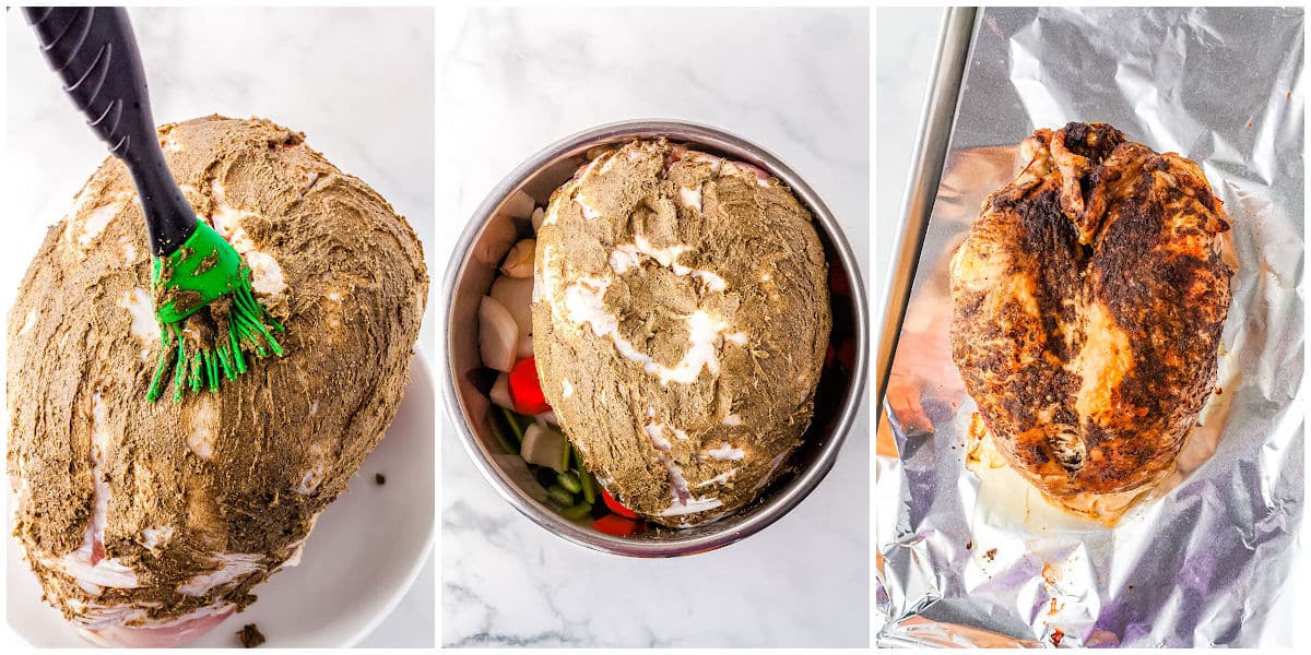 a collage showing how to make the turkey breast, by brushing on the butter mixture, cooking it in the Instant Pot, and putting it in the oven on a baking sheet