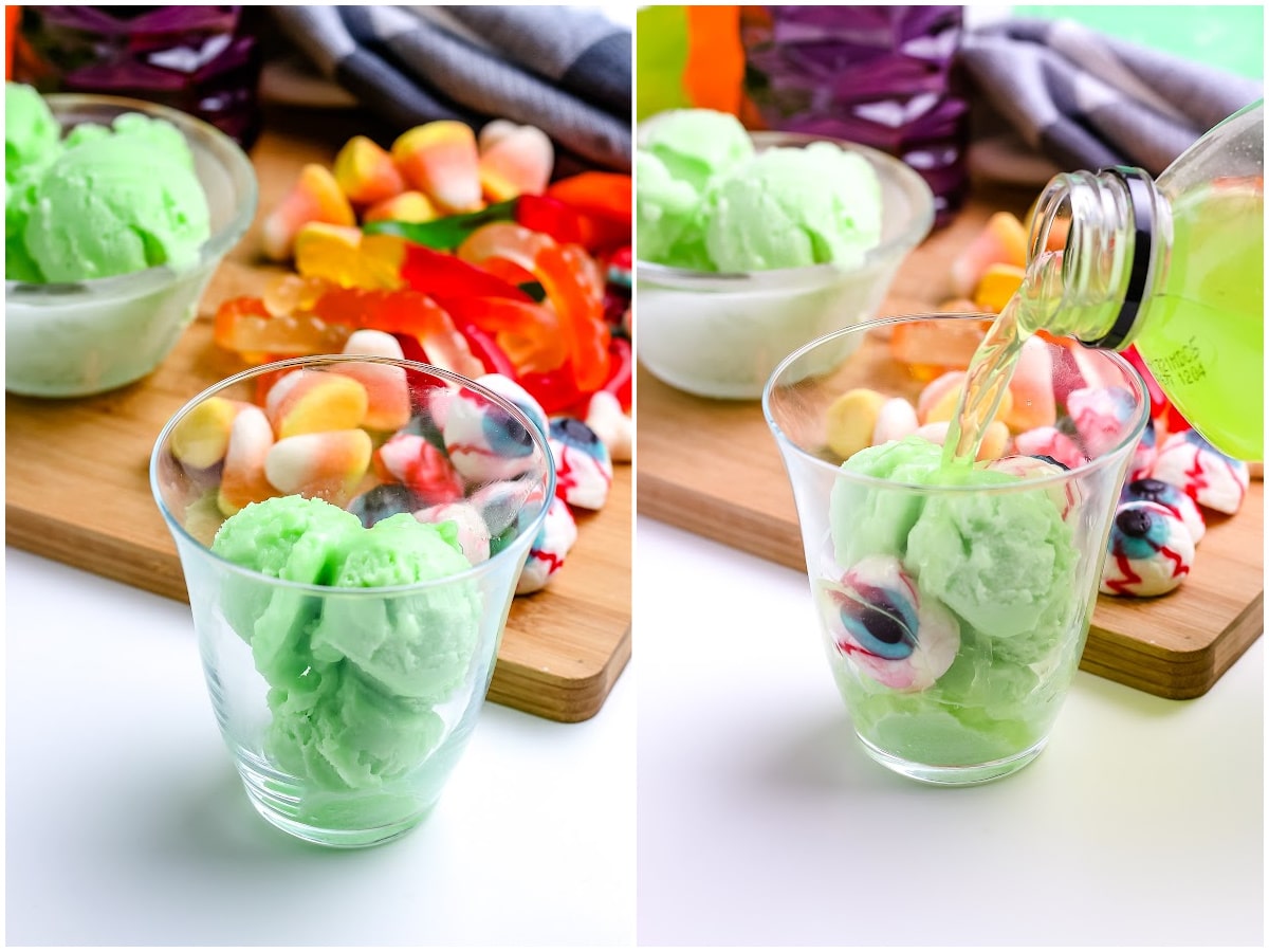 a collage showing how to make witches' brew, by scooping the sherbet and pouring the sports drink in